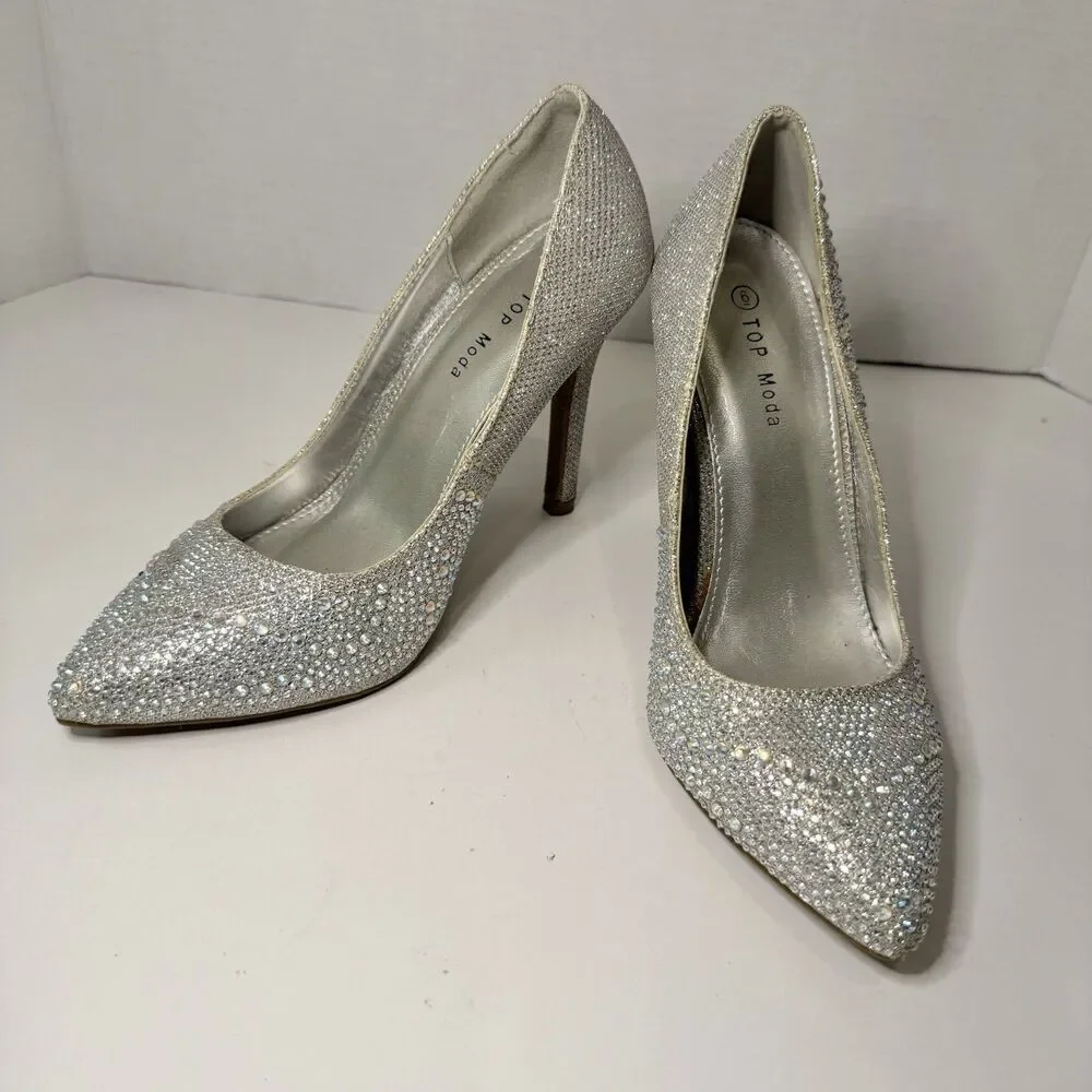Silver Rhinestone Pointed Toe Stiletto Heels Bridal Wedding Glam US 6 Top Moda